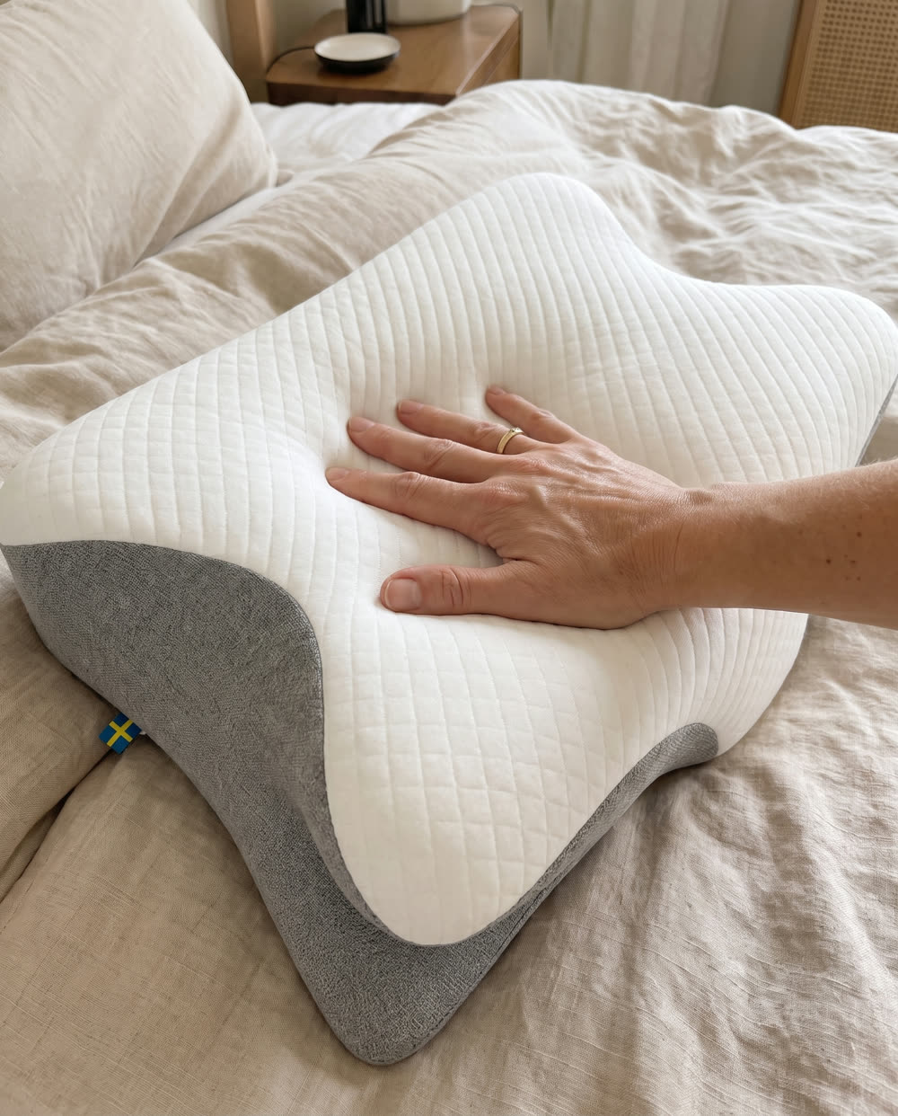 Hand drukt in het traagschuim van het SleepEase-kussen
