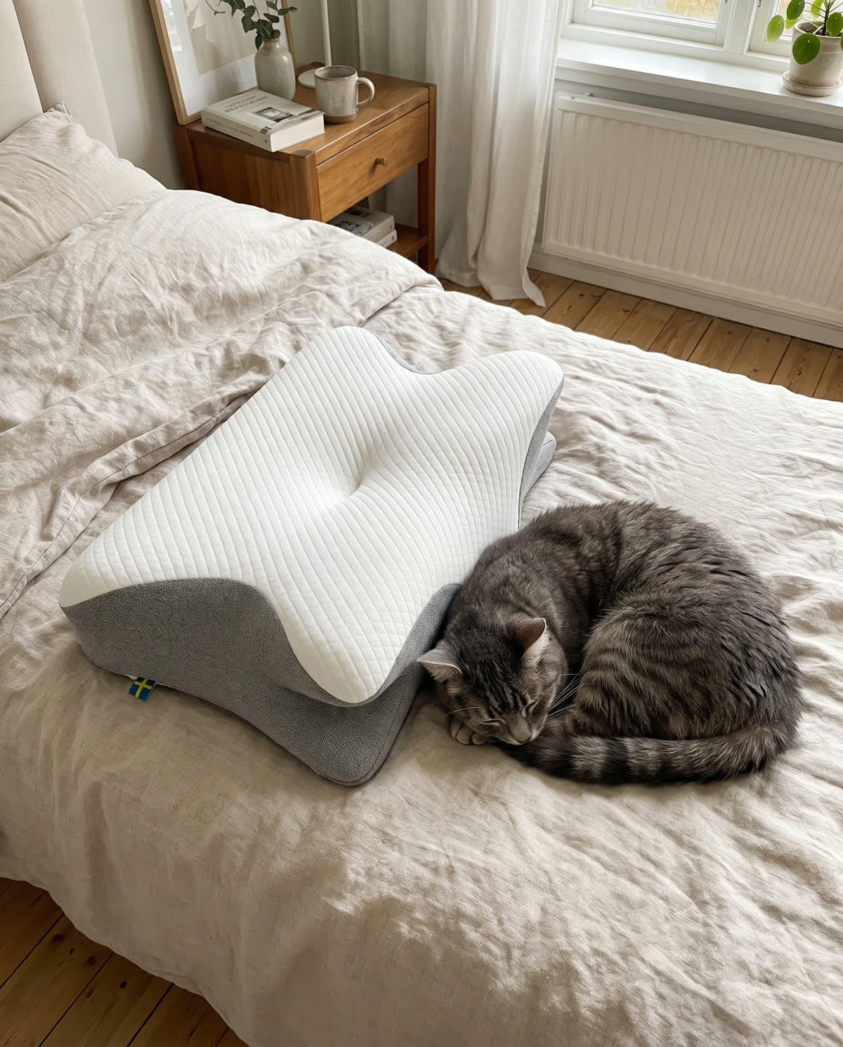 Kat slaapt naast het SleepEase-kussen op bed