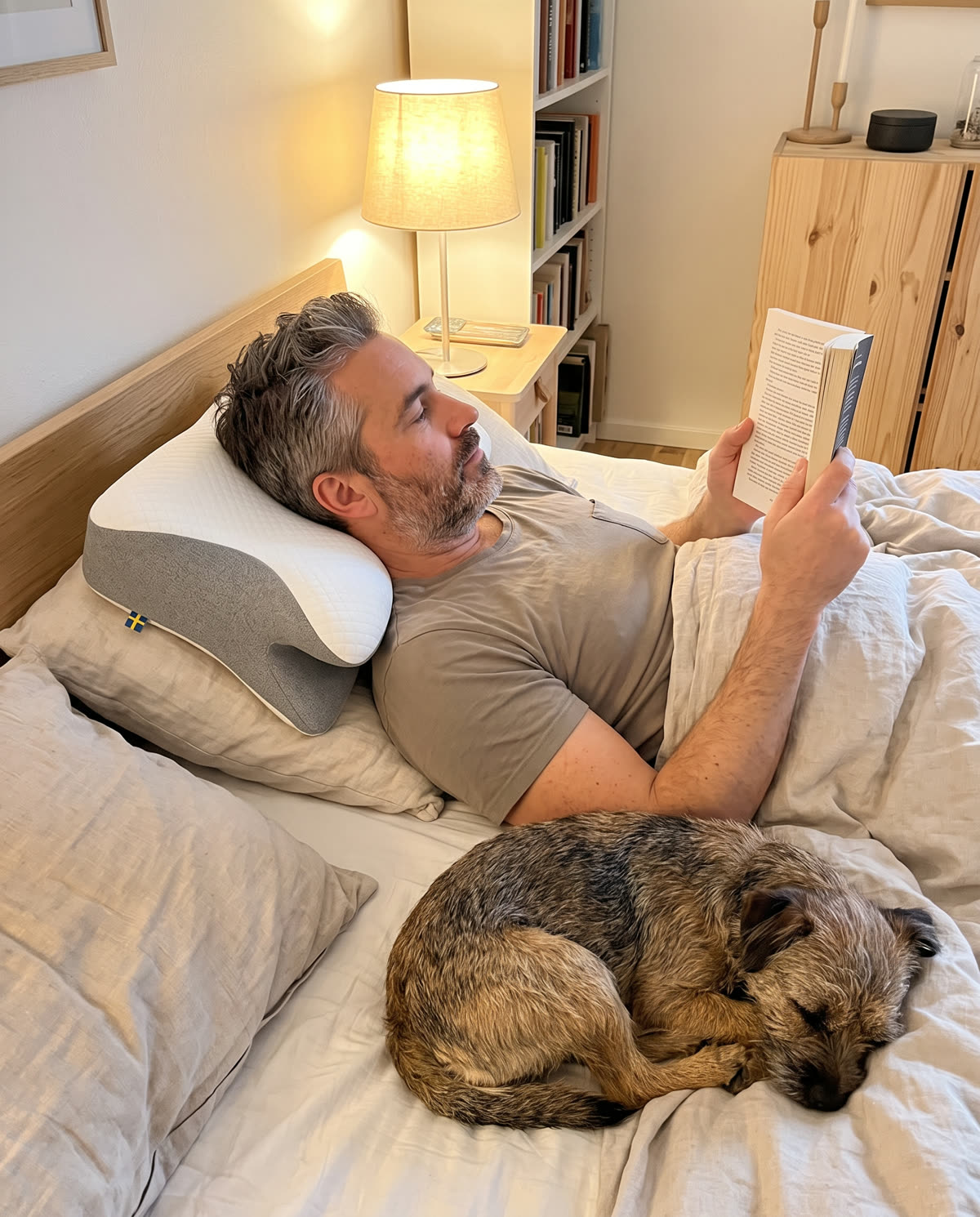 Man leest in bed met zijn hoofd op het SleepEase-kussen, hond aan het voeteneind