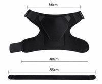 Måttbild för andningsbart axelskydd i neopren med justerbar rem och angivna mått på 36, 40 och 85 cm.