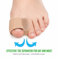 Mjuk tåseparator vid hallux valgus med separatordel i silikon och elastiskt band för bekväm passform.