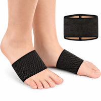 Svarta elastiska fotvalvsstöd med kroppsnära passform, visade på båda fötterna och separat som produkt.