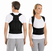 Hållningsväst med justerbart ryggstöd visad framifrån och bakifrån på kvinna och man.