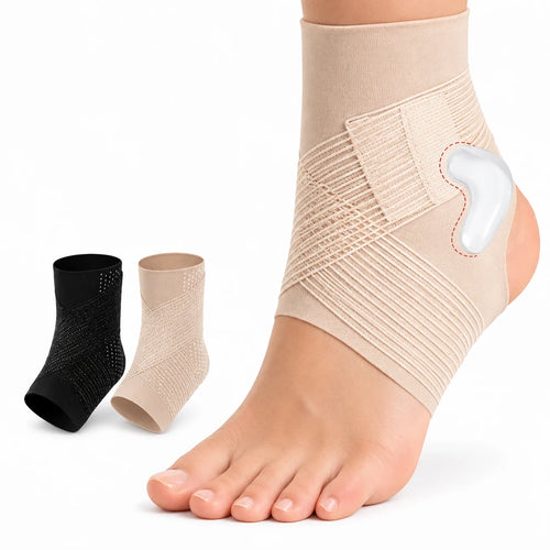 Beige elastiskt fotledsstöd med korsade kompressionsband och mjuk gelkudde vid fotleden.