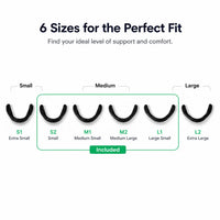 Storleksguide för magnetisk näsvidgare med sex storlekar från extra small till extra large för individuell passform och komfort.
