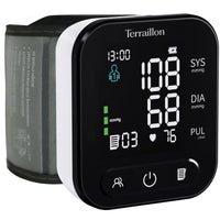 Terraillon TP251 framifrån med bakgrundsbelyst display som visar SYS, DIA och puls