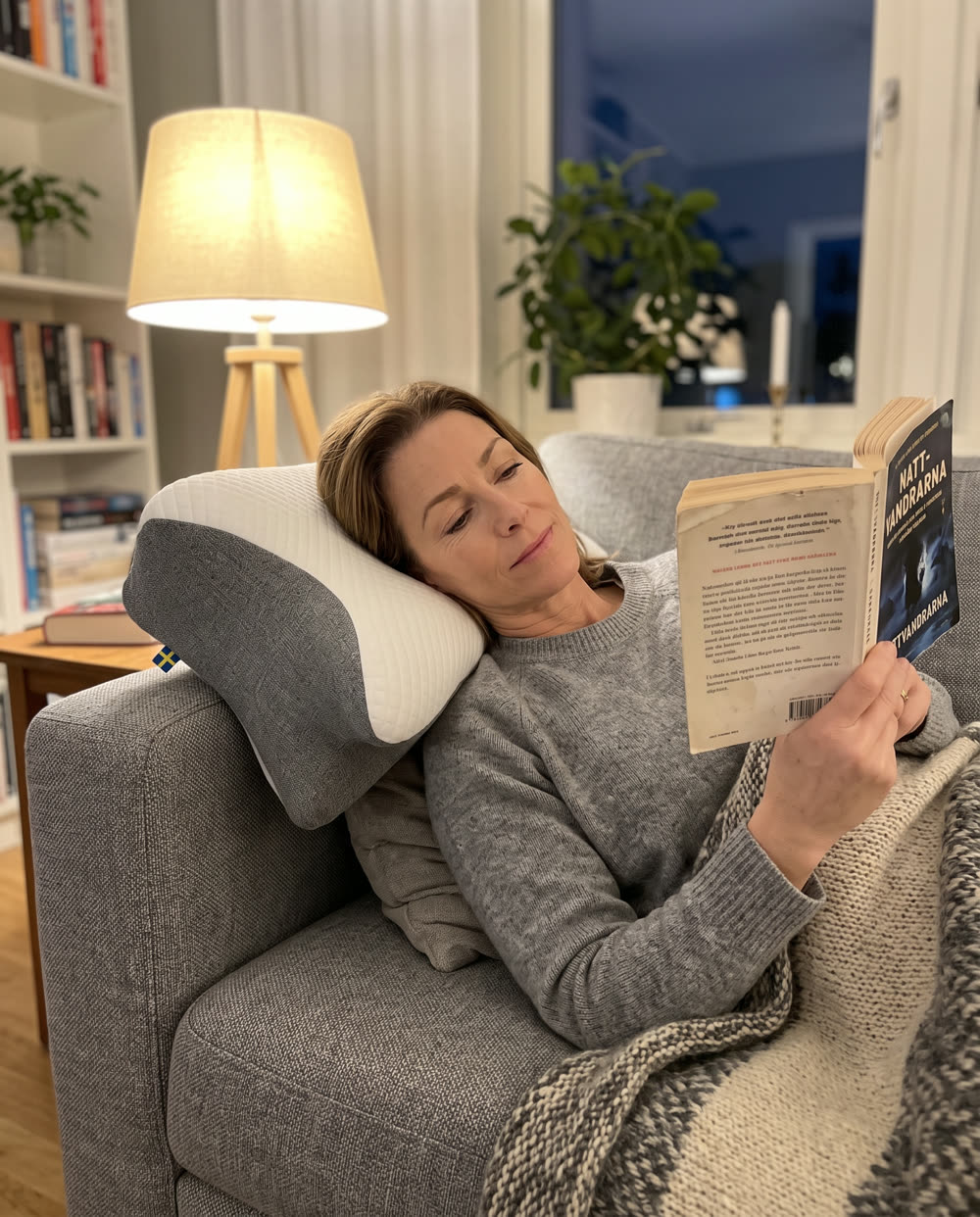 Vrouw leest op de bank met haar hoofd op het SleepEase-kussen